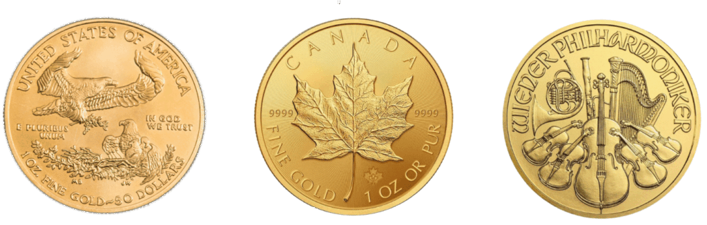 IRA承認コインのアメリカン・ゴールド・イーグル、カナダのメイプルリーフ、オーストリアのフィルハーモニック