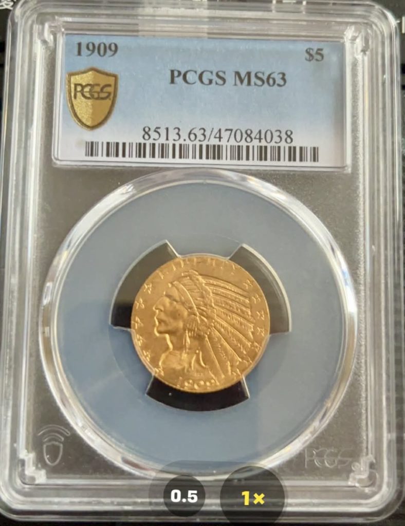 【稀少・鑑定済み】1909年 インディアンヘッド$5ハーフイーグル金貨 pcgs ms 63 /pre 33 gold(貴重）