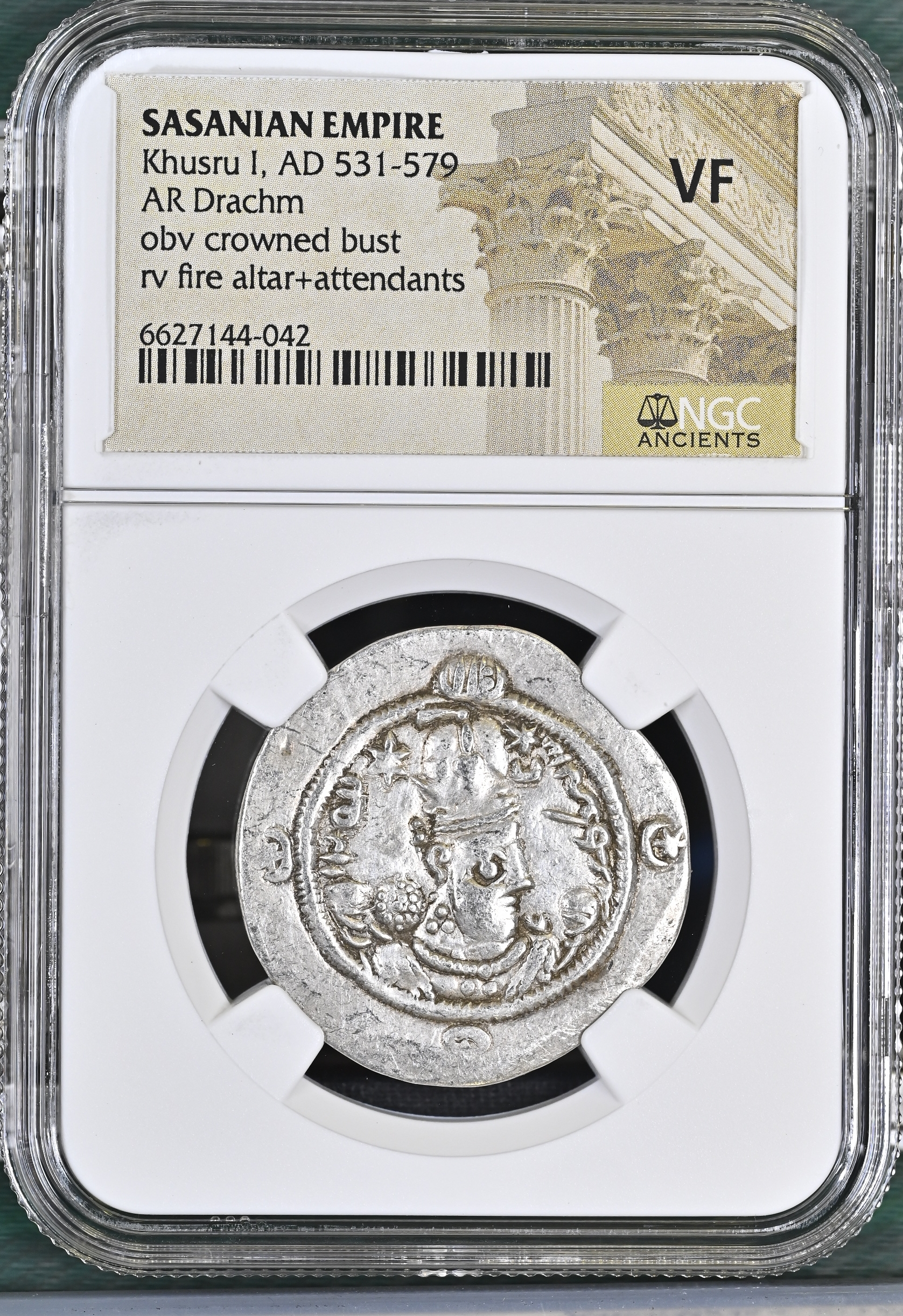 【鑑定済み/古代銀貨】ササン朝ホスロー1世(531–579年)発行の銀貨ドラクマ・ngc鑑定済み・保存状態vf(とても良い状態) 【鑑定済み/古代銀貨】ササン朝ホスロー1世(531–579年)発行の銀貨ドラクマ・ngc鑑定済み・保存状態vf(とても良い状態)