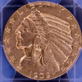 【稀少・鑑定済み】1909年 インディアンヘッド$5金貨 pcgs ms 63 bold details & strong luster 力強い彫刻と輝きが今も残る一枚